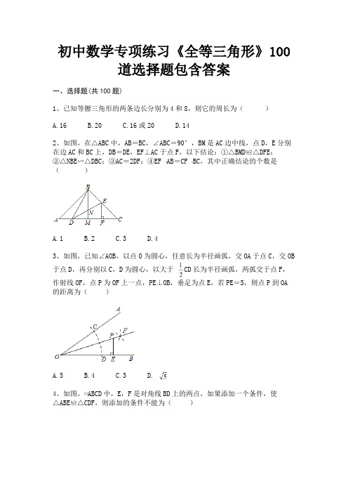 (B卷)初中数学专项练习《全等三角形》100道选择题包含答案