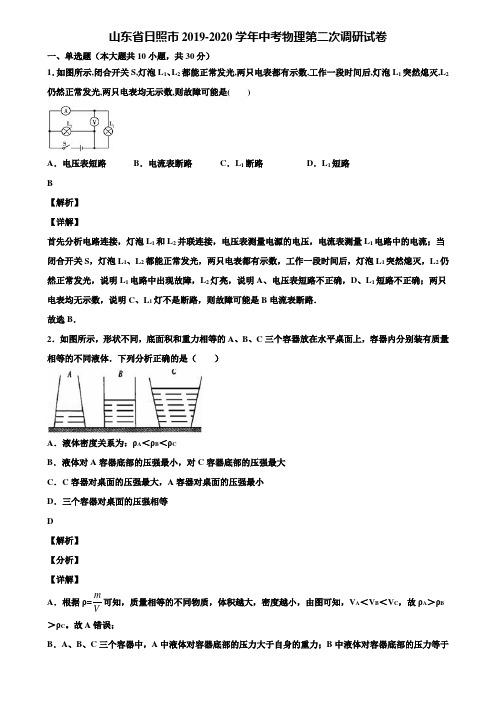 山东省日照市2019-2020学年中考物理第二次调研试卷含解析