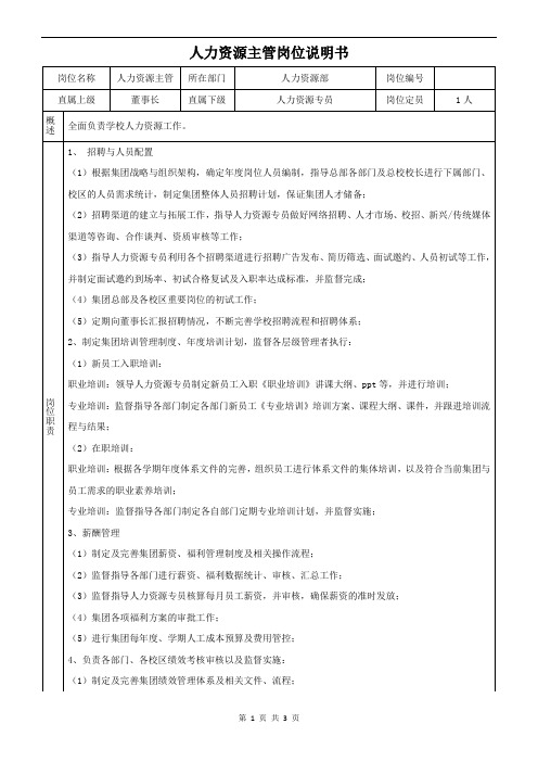 K12培训行业-人力资源主管岗位职责说明书