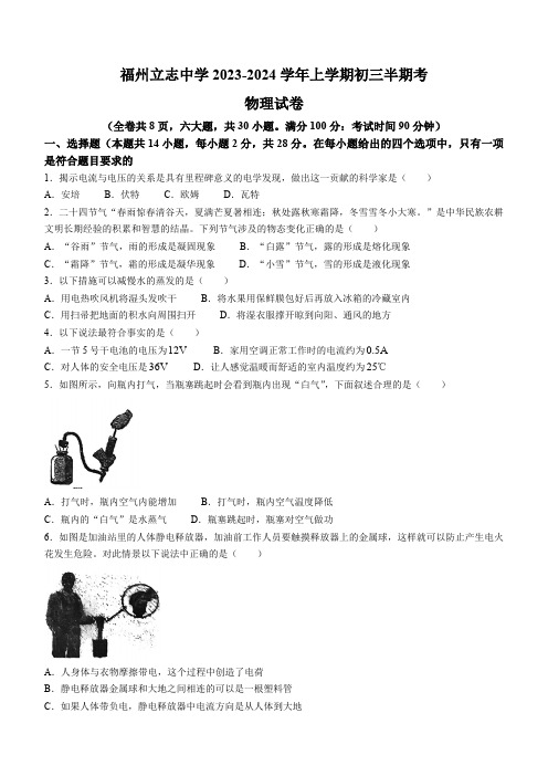 福建省福州立志中学2023-2024学年九年级上学期期中考试物理试题(含答案)