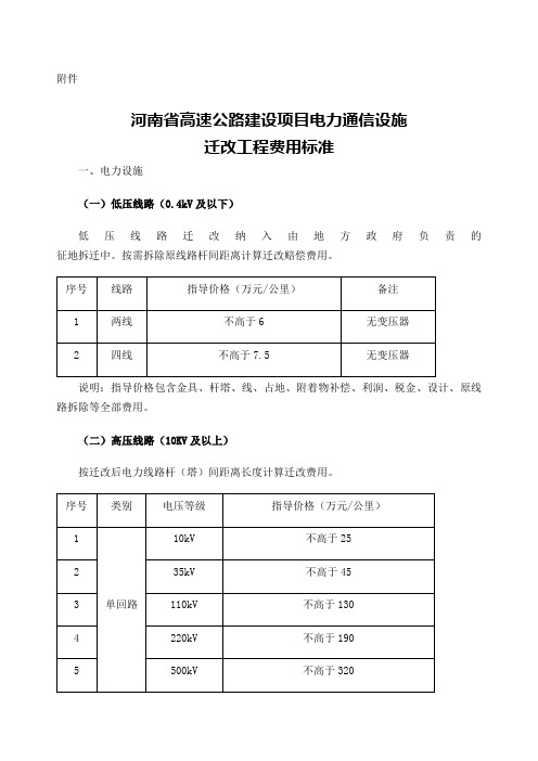 高速公路建设项目电力通信设施迁改工程费用标准