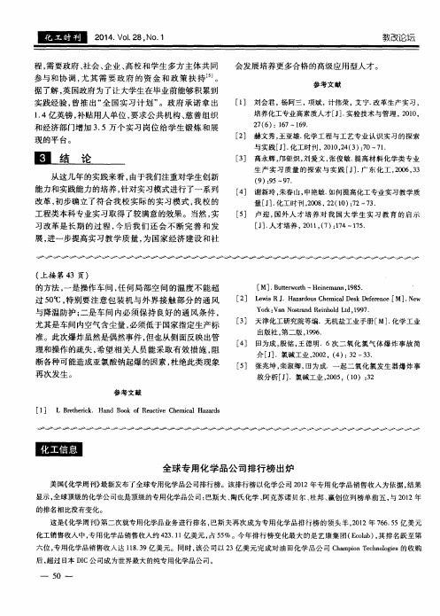 全球专用化学品公司排行榜出炉