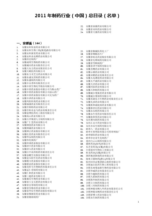 2011年制药行业(中国)总目录(名单)