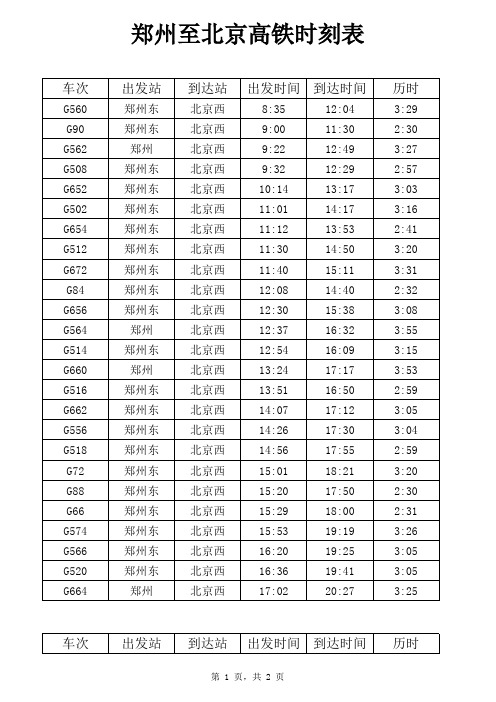 郑州至北京高铁时刻表