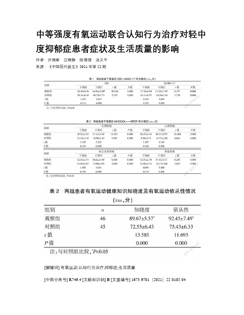 中等强度有氧运动联合认知行为治疗对轻中度抑郁症患者症状及生活质量的影响