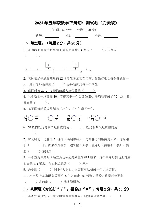 2024年五年级数学下册期中测试卷(完美版)