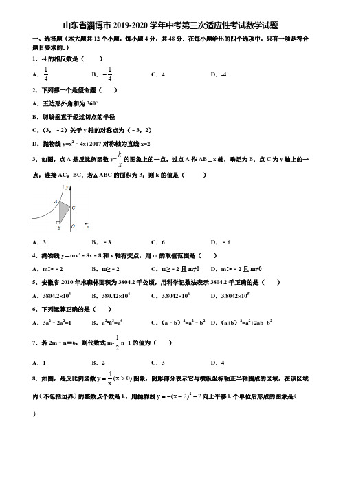 山东省淄博市2019-2020学年中考第三次适应性考试数学试题含解析