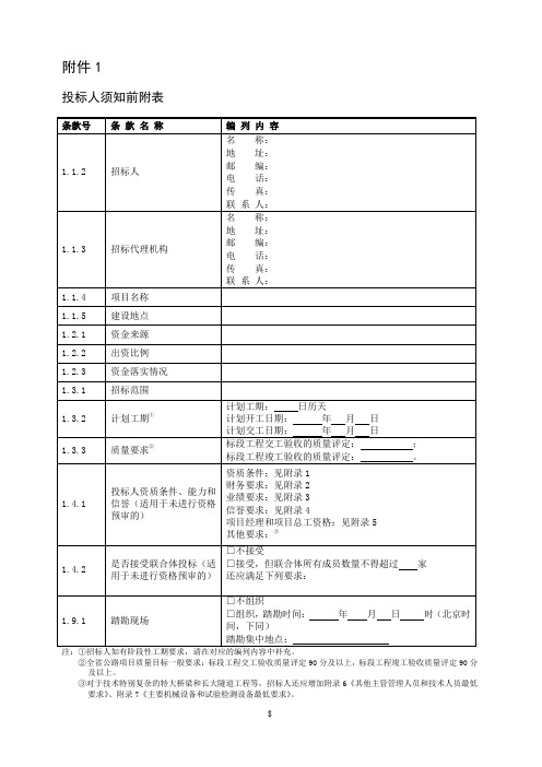 投标人须知前附表