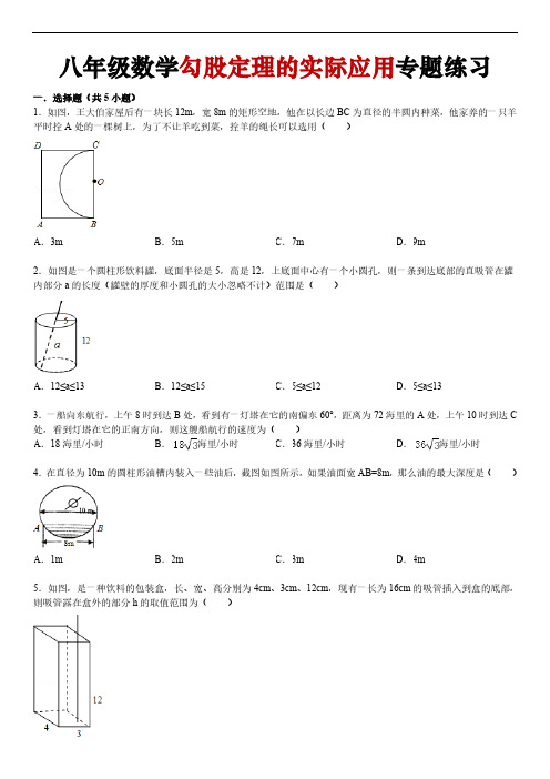 八年级数学勾股定理的实际应用专题练习