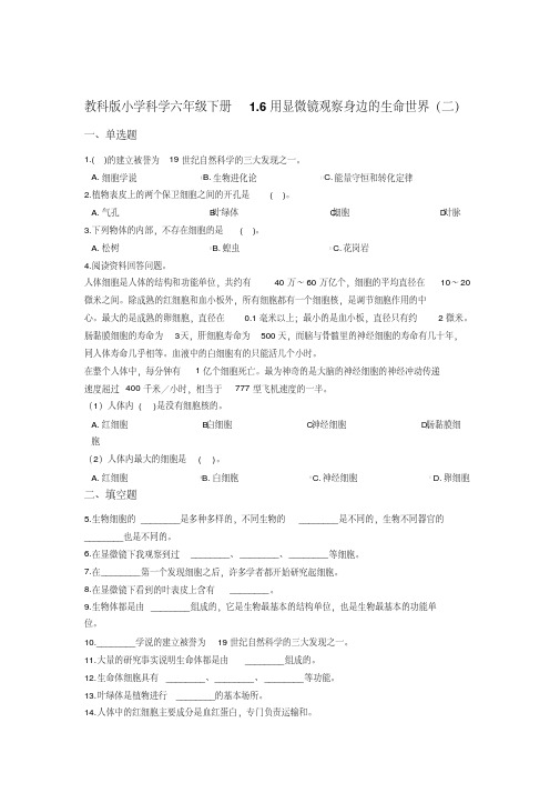 教科版小学科学六年级下册1.6用显微镜观察身边的生命世界(二)(含答案解析)