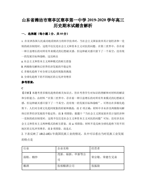 山东省潍坊市寒亭区寒亭第一中学2019-2020学年高三历史期末试题含解析