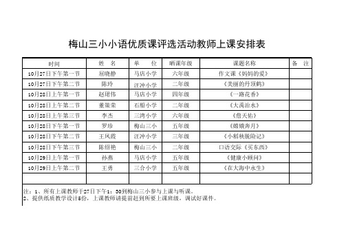 梅山三小小语优质课评选活动教师上课安排表