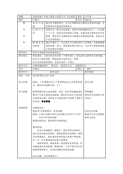 北师大版初中政治八年级上册5.1学会尊重word教案