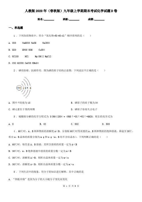 人教版2020年(春秋版)九年级上学期期末考试化学试题D卷精编