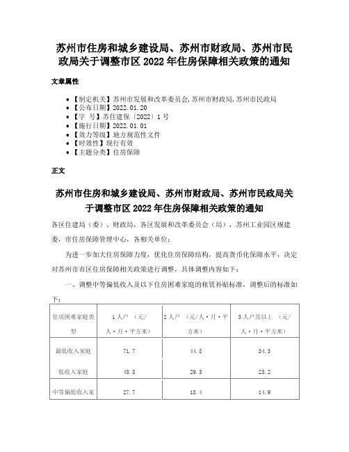 苏州市住房和城乡建设局、苏州市财政局、苏州市民政局关于调整市区2022年住房保障相关政策的通知