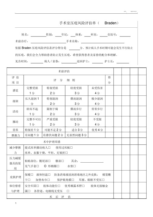 手术室压疮风险评估单