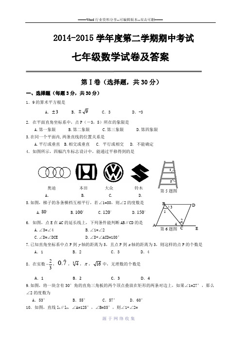 2015年4月武汉市部分学校七年级数学期中试题及答案