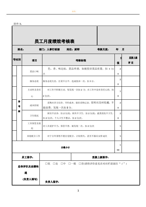 月度绩效考核表(厨师)doc