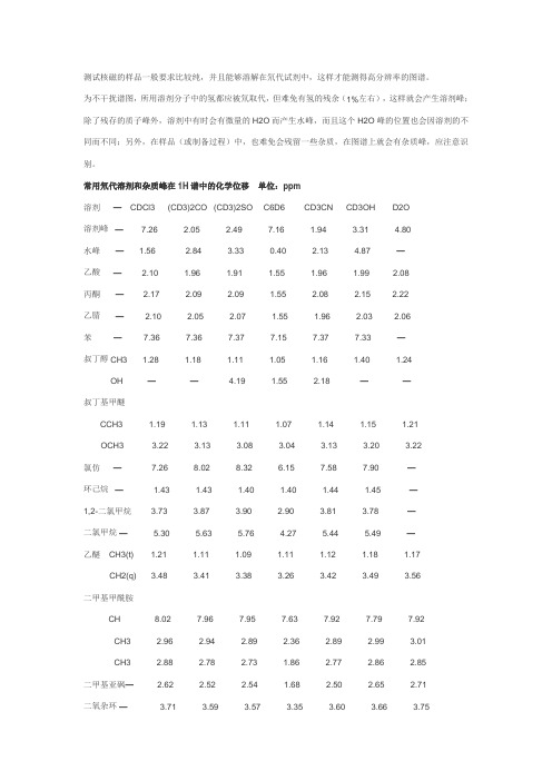 核磁谱图NMR常见溶剂峰杂质峰分析中文版