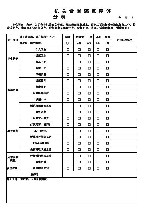 职工食堂满意度食堂评分表