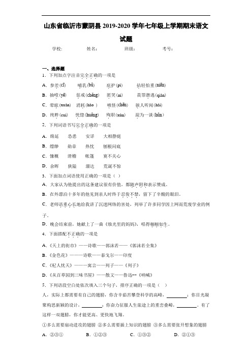 山东省临沂市蒙阴县2019~2020学年七年级上学期期末语文试题