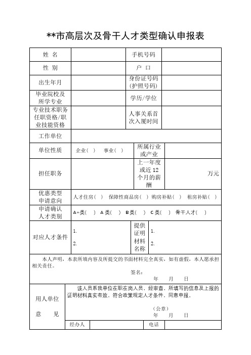 厦门市高层次及骨干人才类型确认申报表【模板】