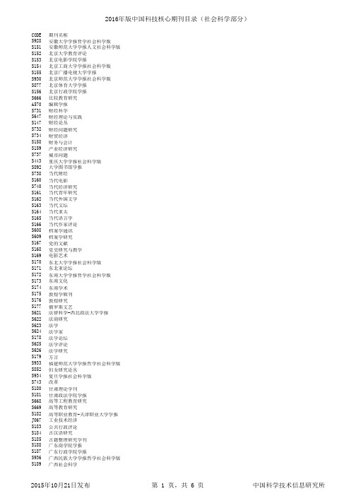 2016年版中国科技核心期刊目录(社会科学部分)