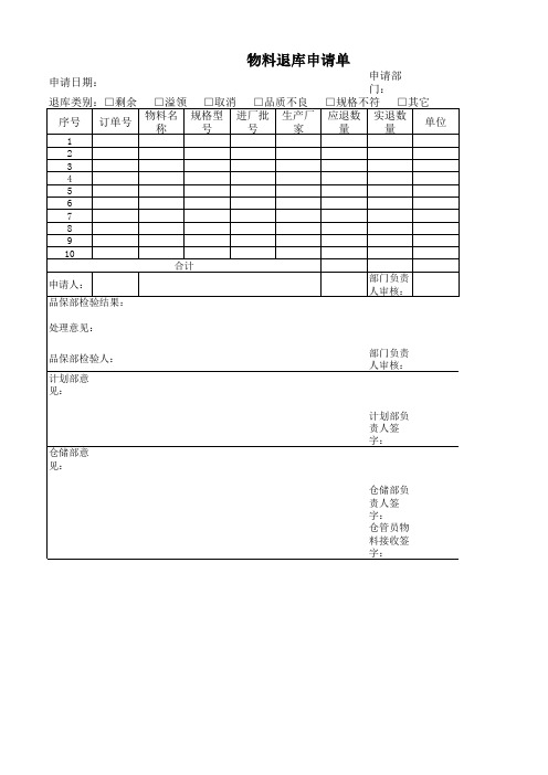 物料退库申请单