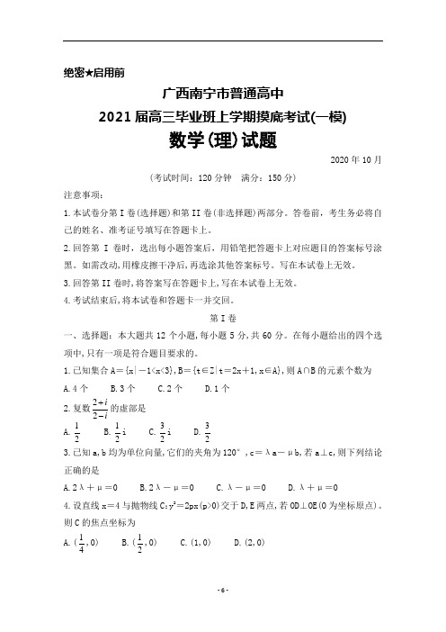 2020年10月广西南宁市普通高中2021届高三毕业班摸底考试数学(理)试题及答案