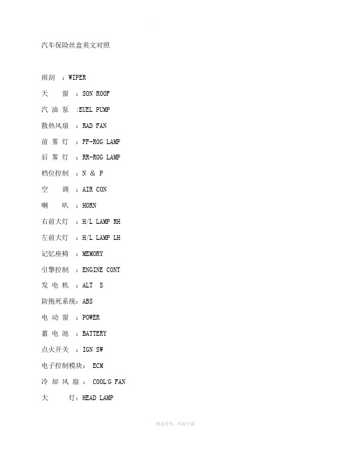 汽车保险丝盒英文对照