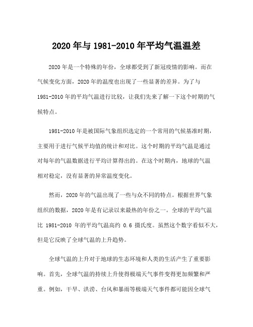 2020年与1981-2010年平均气温温差