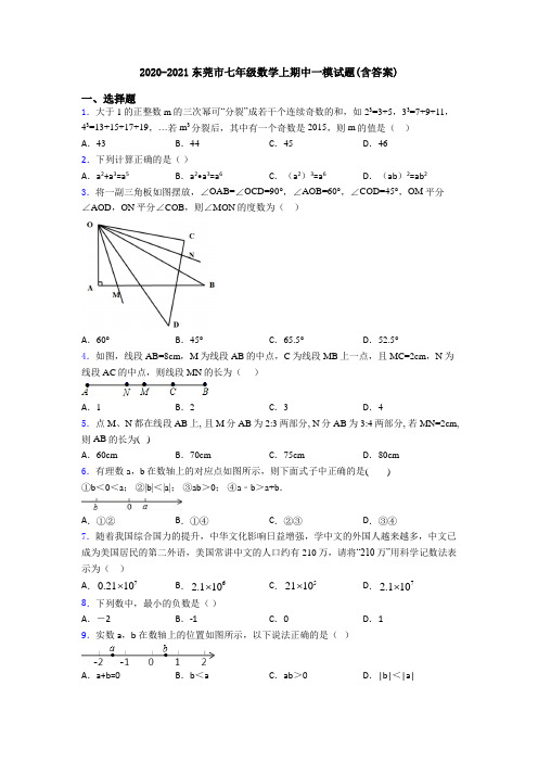 2020-2021东莞市七年级数学上期中一模试题(含答案)