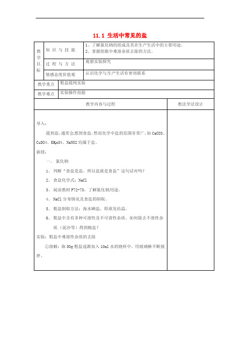 吉林省长春市双阳区九年级化学下册 第11单元 盐 化肥 11.1 生活中常见的盐(1)教学案(无答案