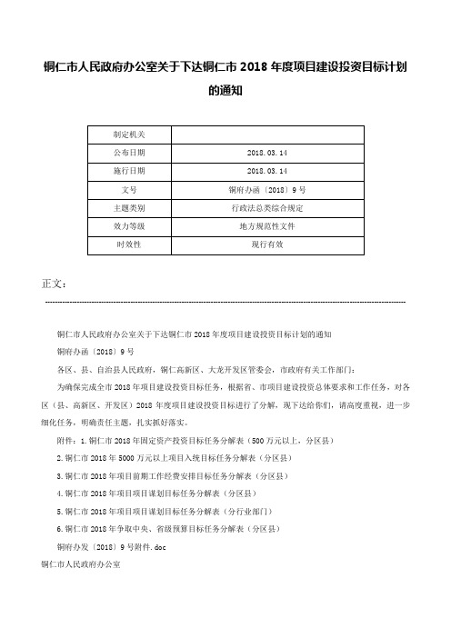 铜仁市人民政府办公室关于下达铜仁市2018年度项目建设投资目标计划的通知-铜府办函〔2018〕9号