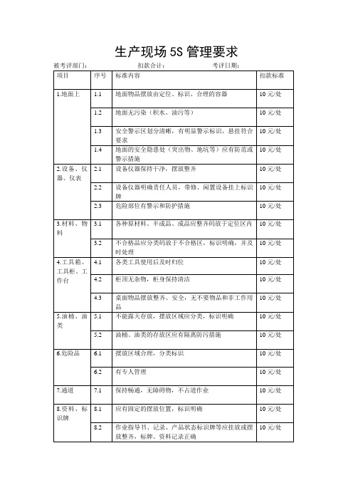 生产现场5s管理要求