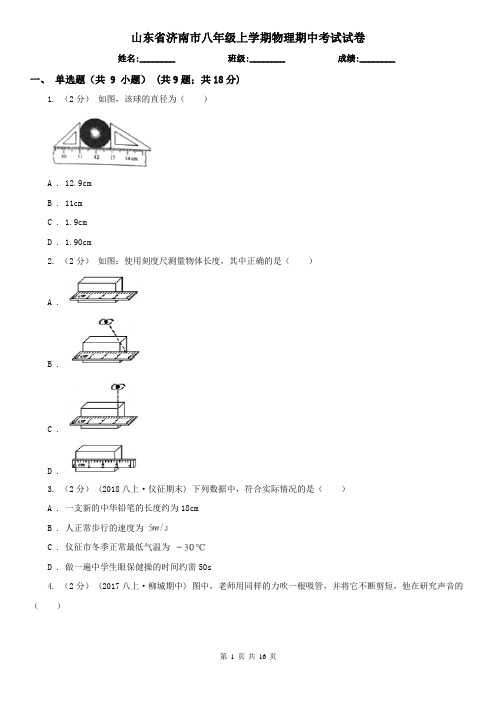 山东省济南市八年级上学期物理期中考试试卷