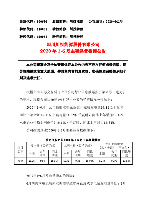 川投能源2020年1-6月主要经营数据公告