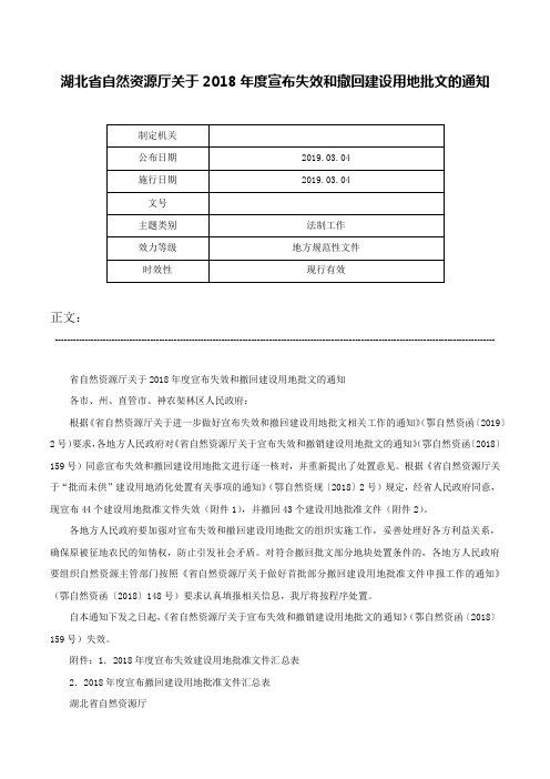 湖北省自然资源厅关于2018年度宣布失效和撤回建设用地批文的通知-