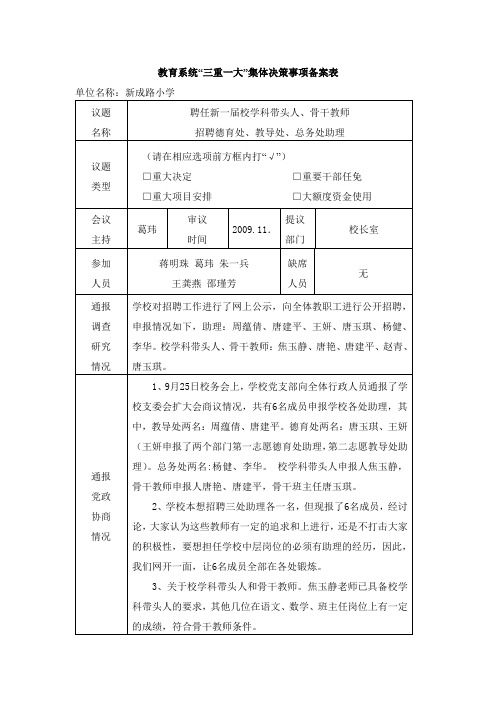 教育系统“三重一大“集体决策事项备案表