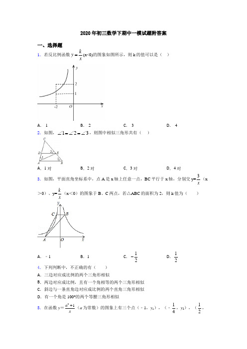 2020年初三数学下期中一模试题附答案