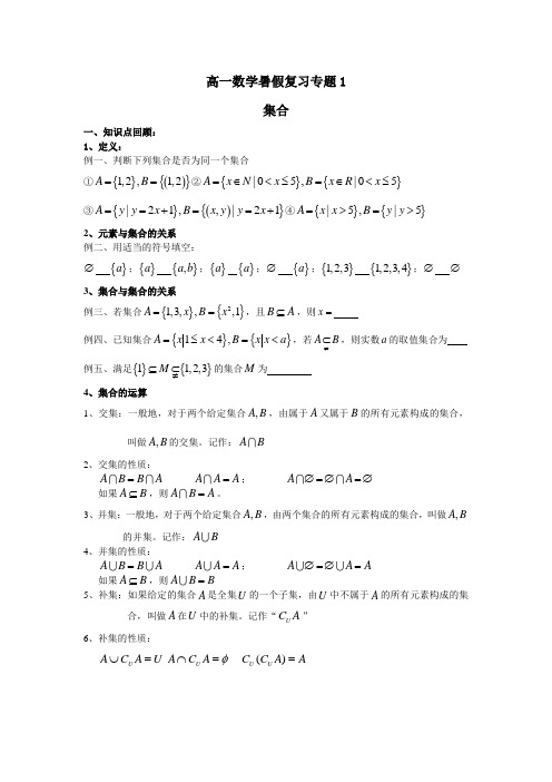 高一数学暑假复习专题一(集合)