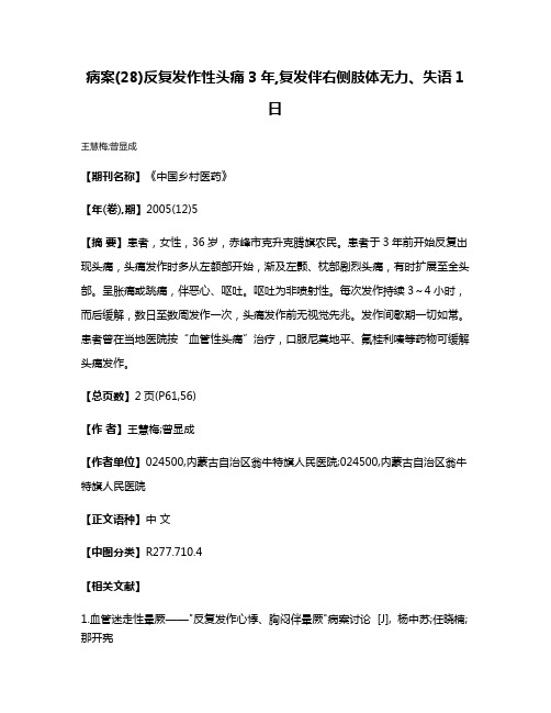 病案(28)反复发作性头痛3年,复发伴右侧肢体无力、失语1日