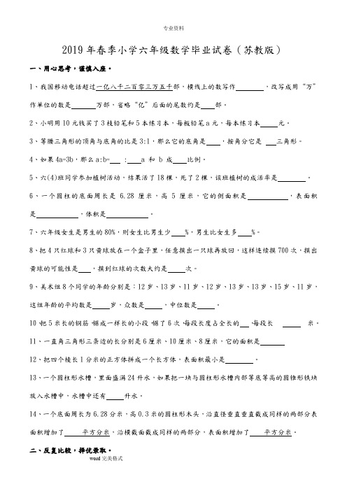 2019年小学六年级小升初数学毕业模拟试卷附参考答案