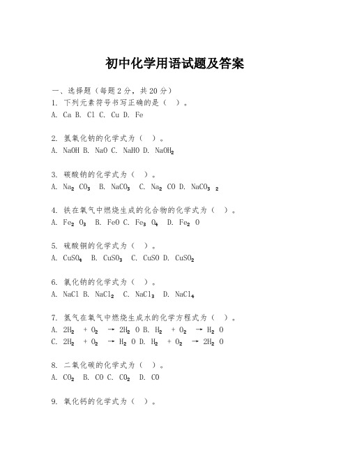 初中化学用语试题及答案