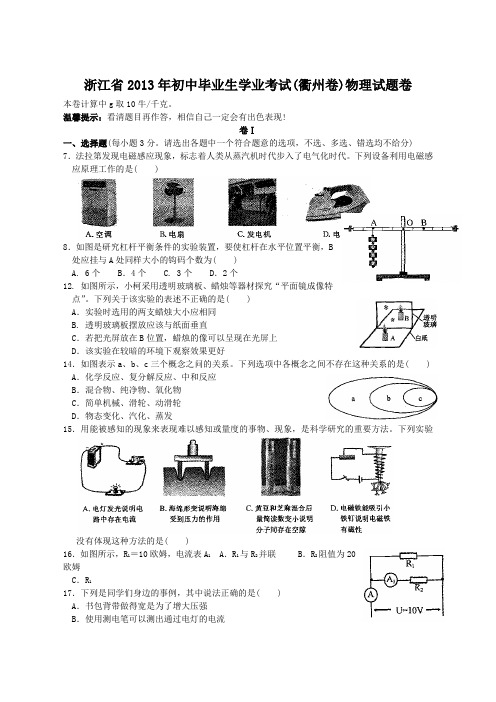 2013年浙江省衢州市中考物理卷(含答案)