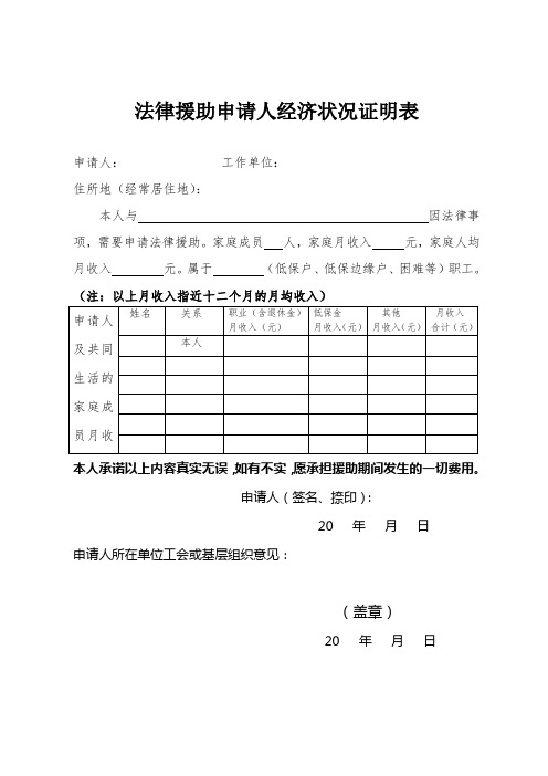 法律援助申请人经济状况证明表—空表