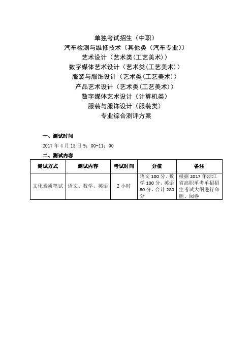 金华职业技术学院2017年提前招生考试考试方案