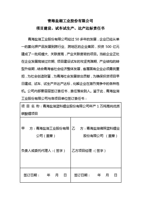 青海盐湖蓝科锂业股份有限公司1万吨碳酸锂项目责任书