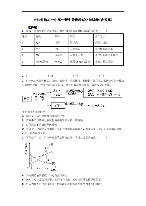 吉林省榆树一中高一新生分班考试化学试卷(含答案)