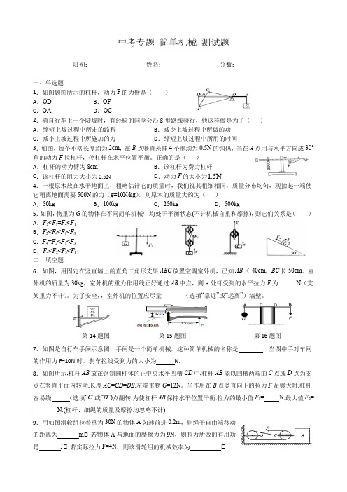 9中考物理精选专题 简单机械 测试题